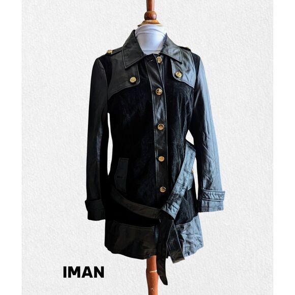 IMAN Global Chic Leather Lined Belted Coat  Sz M - Picture 1 of 13